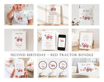 May include: A collection of red tractor-themed birthday party decorations. Includes a t-shirt, welcome sign, invitation, cupcake toppers, and a sign. The text includes "I'm Two", "Welcome", and "Happy Birthday".