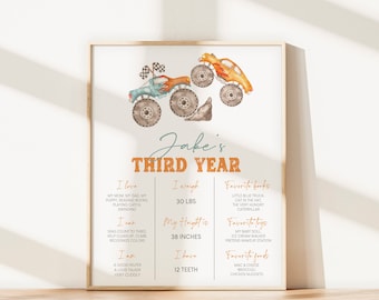 May include: A watercolor illustration of a monster truck with a blue and orange color scheme. The illustration is a printable poster for a child's third birthday. The poster includes the child's name, Jake, and details about their third year, including their weight, height, favorite books, toys, and foods.