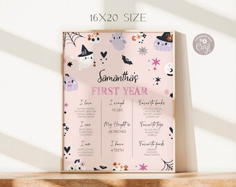 May include: A pink and black printable first year milestone poster with a Halloween theme. The poster features a ghost, pumpkin, and bat illustrations. The poster includes the child's name, Samantha, and details about their first year, including their weight, height, favorite books, toys, and foods.
