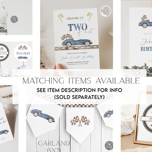 May include: A set of printable party decorations for a 2nd birthday party with a race car theme. The set includes a welcome sign, cupcake toppers, a thank you tag, a garland, and a sign that says "Pit Stop".