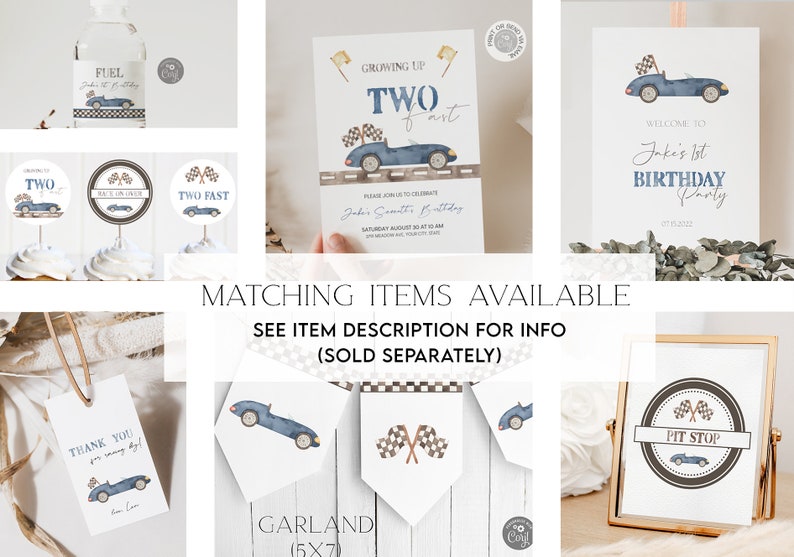 May include: A set of printable party decorations for a 2nd birthday party with a race car theme. The set includes a welcome sign, cupcake toppers, a thank you tag, a garland, and a sign that says "Pit Stop".