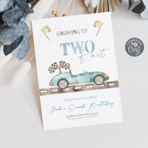 May include: A blue and white birthday invitation with a watercolor illustration of a blue race car. The text reads "Growing Up Two Fast" and "Jake's Second Birthday".