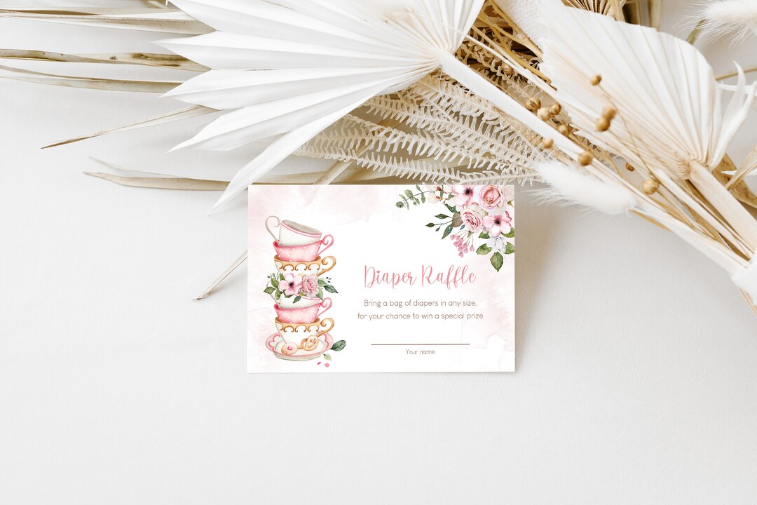 Floral Tea Party Diaper Raffle Card: Pink Teacups, Editable (digital ...