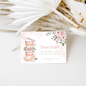 Floral Tea Time Luier loterijkaart, bewerkbare roze theekopjes met bloemen luier verzoekkaart, babyshower strooi, afdrukbare Instant Download