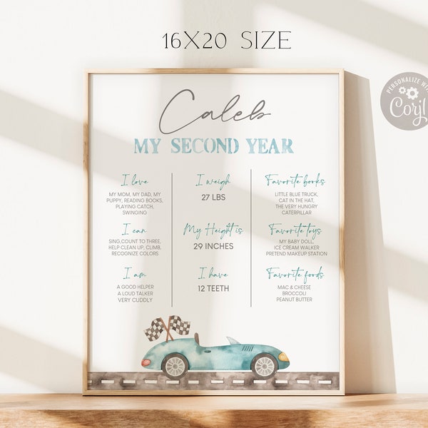 Race Car Birthday Milestone Sign, Second Year Birthday Stats Poster, Blue Race Car 2nd Year Party Sign, Digital Download, Editable Template