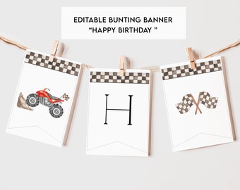 Puede incluir: Bandera de banderines editable con un patrón a cuadros y la palabra "FELIZ CUMPLEAÑOS" en texto negro. La bandera presenta un ATV rojo, una bandera a cuadros y la letra "H".