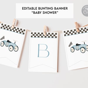 Blue Race Car Baby Shower Bunting Banner, Editable Toddler Car Ride One Custom Garland, Printable Digital Download