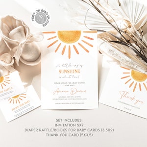 Little Sunshine Baby Shower Invitation Set, Editable Boho Sun Gender Neutral Baby Shower Bundle INSTANT Digital DOWNLOAD