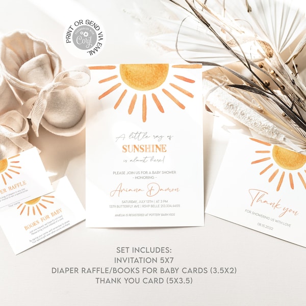 Little Sunshine Baby Shower Invitation Set, Editable Boho Sun Gender Neutral Baby Shower Bundle INSTANT Digital DOWNLOAD