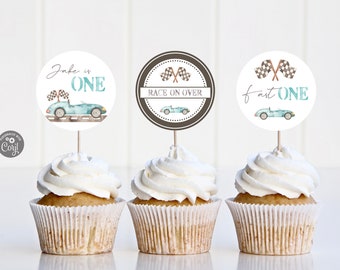 Race Car 1st Birthday Cupcake Toppers: Blue Vintage Design (Digital Download)
