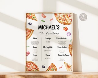 May include: A white printable birthday poster with a pizza theme. The poster features a child's name, age, weight, height, favorite books, toys, and foods. The poster is decorated with watercolor illustrations of pizza slices, peppers, onions, and olives.