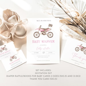 Roze Crossmotor Baby Shower Uitnodigingspakket, Luierloterij, Boeken voor babykaart, Bewerkbare Bike Invite Template Set Afdrukbare digitale download