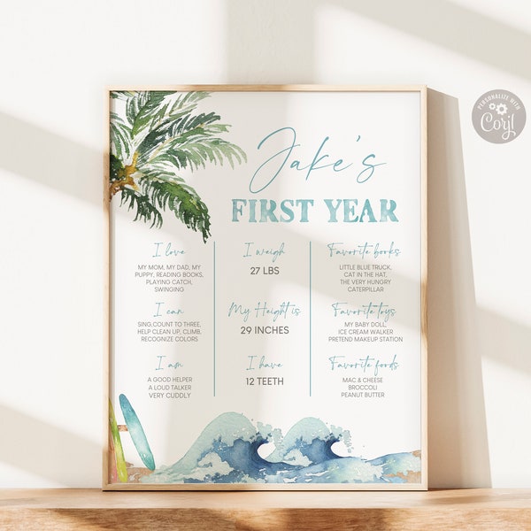 Editable Surfing 1st Birthday Milestone Sign, The Big One Beach Theme Birthday Stats Poster, Summer Birthday Party INSTANT DOWNLOAD