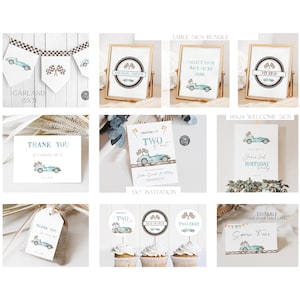 May include: A set of printable party decorations for a second birthday with a race car theme. The set includes a welcome sign, table signs, cupcake toppers, a thank you card, and a favor tag. The decorations feature a blue race car with checkered flags and the words "Growing Up Two Fast".