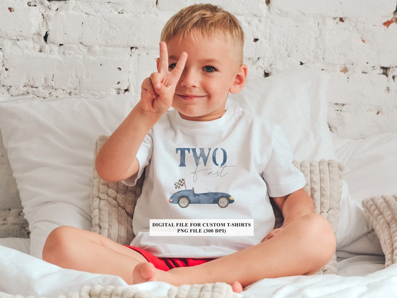 May include: A white t-shirt with a blue watercolor car and the text "TWO fast" on it. The shirt is being worn by a young child who is making a peace sign with their hand. The image is a digital file for custom t-shirts.