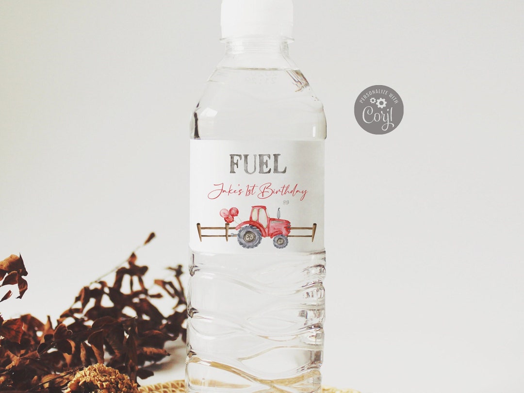 Red Tractor Water Bottle Label, Editable Fuel Bottle Sticker Template