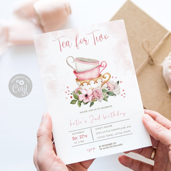 Editable Tea Party Birthday Invitation | Tea for Two Girl Tea Party Invite Pink Gold Floral Peach Pink Printable Template | Digital Download