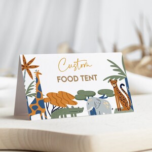 Cartão de lugar dobrado editável Safari 3,5 x 2 ", etiqueta de comida de bufê de animais da selva, cartão de visita, decoração de aniversário para impressão, download instantâneo