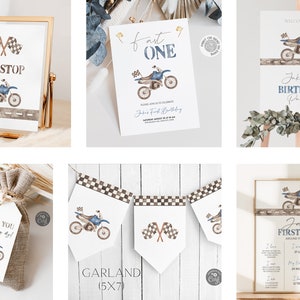 Editable Fast ONE Blue Dirt Bike Birthday Invitation Package, 1st Birthday Vintage Racing Bike Birthday Bundle, Instant Download