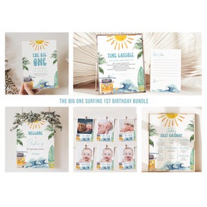 Pacchetto modificabile per compleanno a tema surf retrò – Set per festa in spiaggia vintage "The Big One" – Decorazioni stampabili per il 1° compleanno – Download immediato