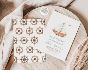 May include: Ahoy! It's a Boy! baby shower invitation with a watercolor illustration of a sailboat and a nautical wheel pattern. The invitation includes the text "Ahoy! It's a Boy!" and "Join us to shower Mom-to-be Andrea Wilson Saturday August 30 at 10 am 234 Meadow Ave, Your City, State RSVP to Amelia 123-456-7890"