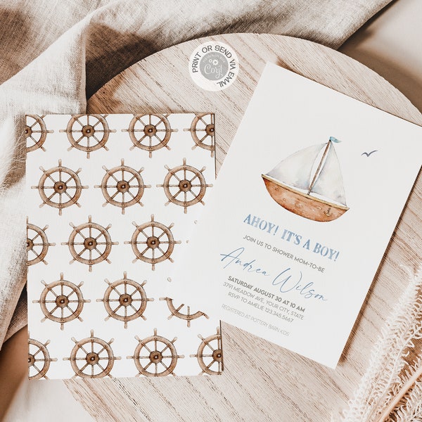 Sailboat Baby Shower Invitation, Nautical Baby Shower Invite Template, Ahoy It's a Boy, Marine Theme Boy Baby Sprinkle, Digital Download