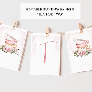 Banner editable de cumpleaños &quot;Té para dos&quot;: Decoración rosa para fiesta (descarga digital)