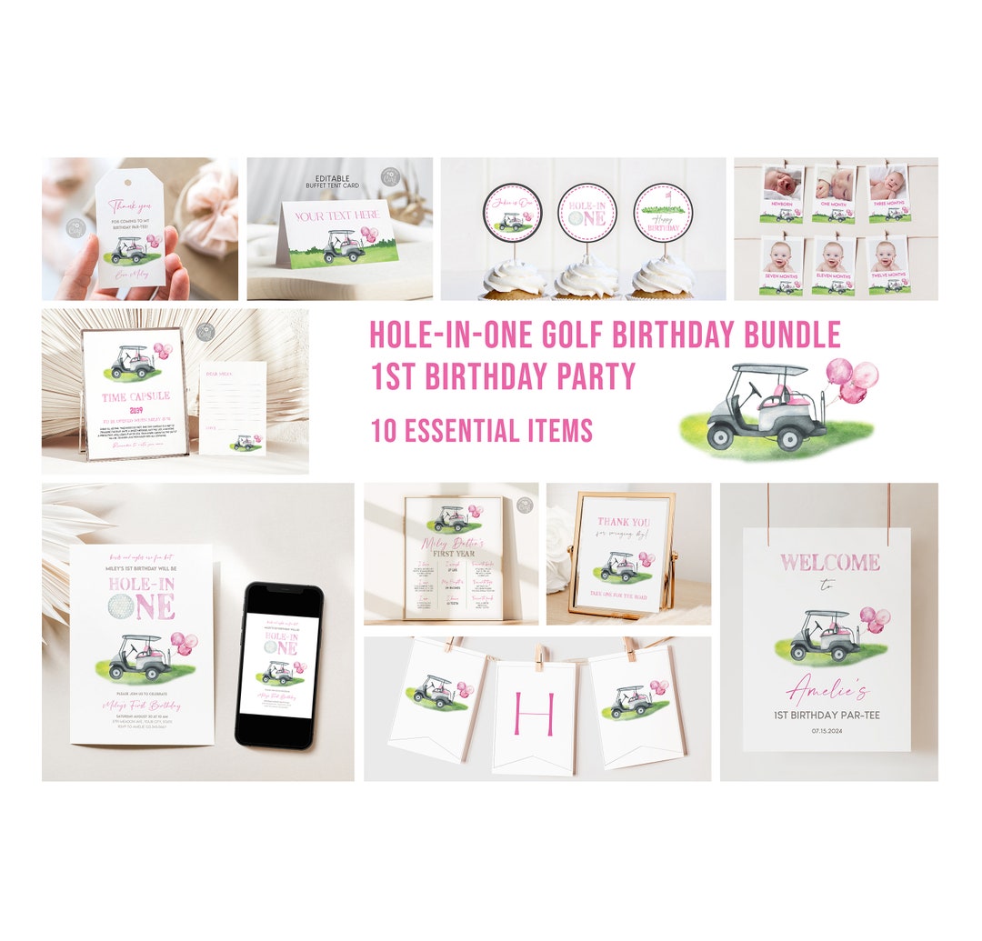 Pink Golf Cart Birthday Party Bundle, Hole in One Girl Birthday ...