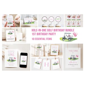 ピンクのゴルフカートの誕生日パーティーバンドル、ホールインワンの女の子の誕生日テンプレートパッケージ、1歳の誕生日パーティーパック、印刷可能なデジタルダウンロード