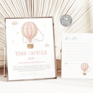 Sinal editável da cápsula do tempo do balão de ar quente | Festa de aniversário rosa com balão de ar | Aniversário de menina de primeiro aniversário | Download digital de arquivo para impressão