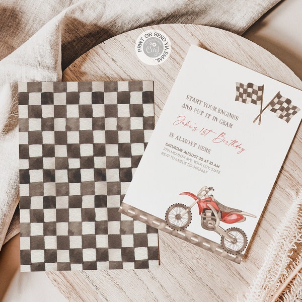 Red Dirt Bike Birthday Invitation, Editable 1st Birthday Motorbike Motocross Racing Bike Invite Template Digital Download