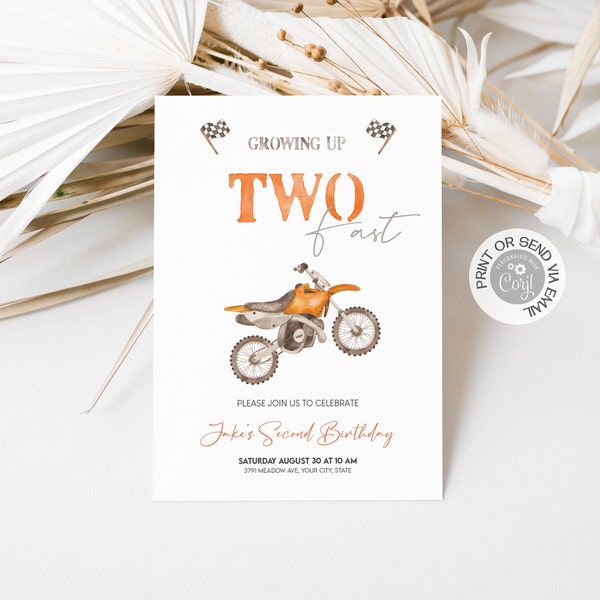 Growing Up TWO Fast Orange Dirt Bike Birthday Invitation Editable, Dirt Bike Racing Birthday Invite|Start your engines Instant Download DB.2