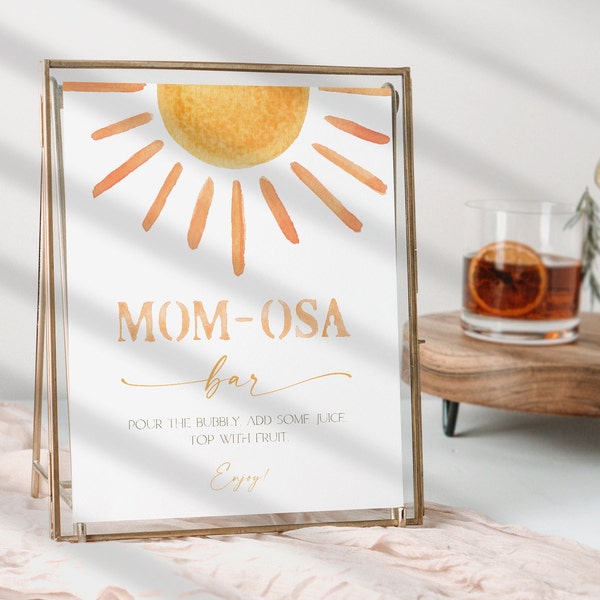 Mom-osa Baby Shower Bar Sign, Printable Sunshine Sun Theme Baby Sprinkle Cocktails Poster, Editable Baby Arrival Party, Digital Download