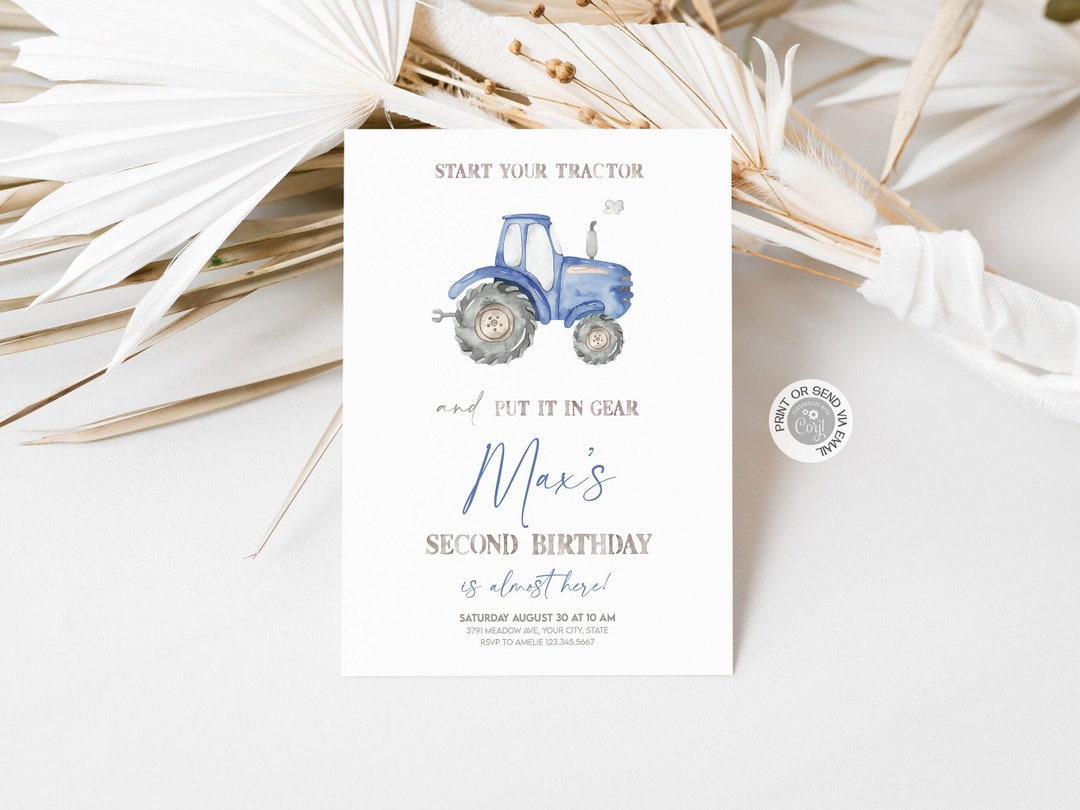 Blue Tractor Birthday Invitation, Editable Minimalist Boy 2nd Birthday Tractor Theme Birthday
