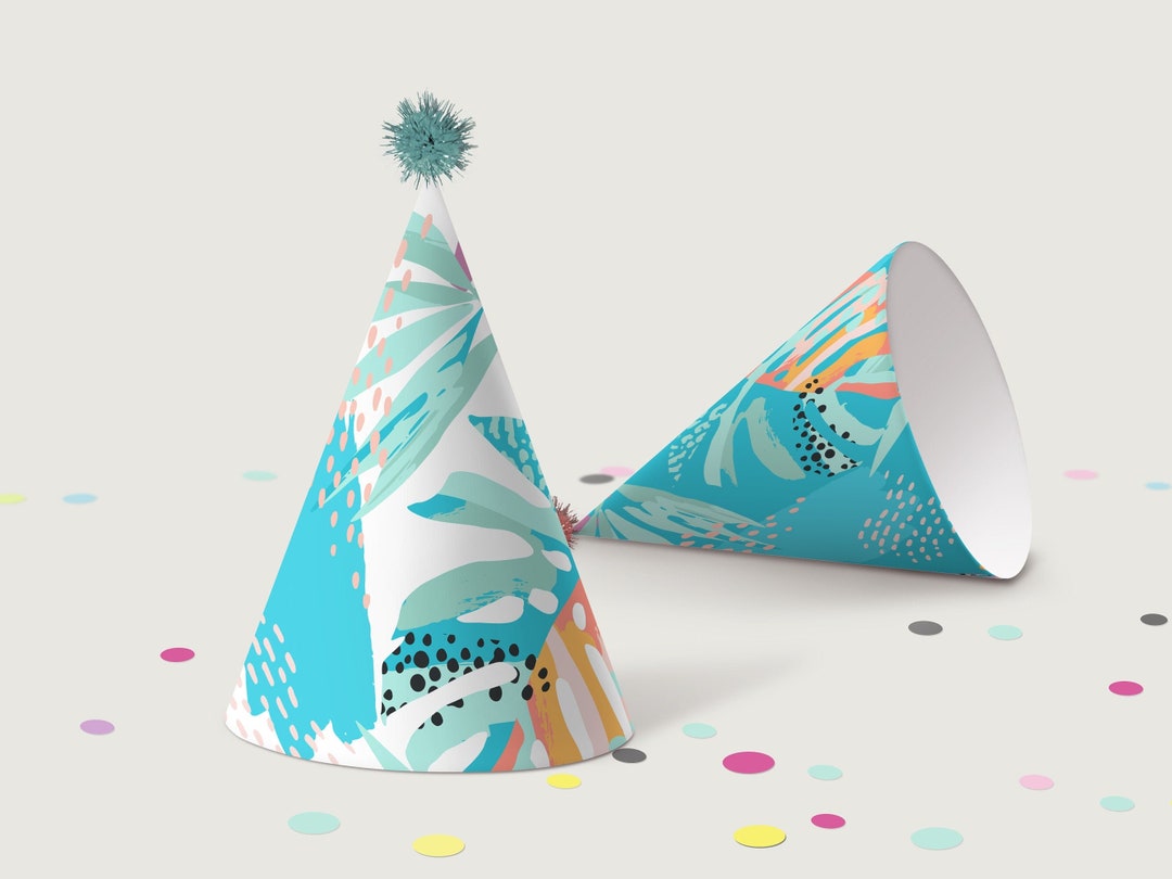 Printable Tropical Pool Party Hats Template, Summer Aloha Beach Theme Cone Birthday Caps Decor