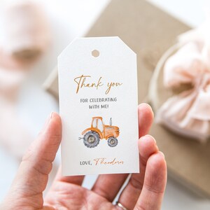 Orange Tractor Thank You Tag: Farm Birthday Favor (Digital Download)