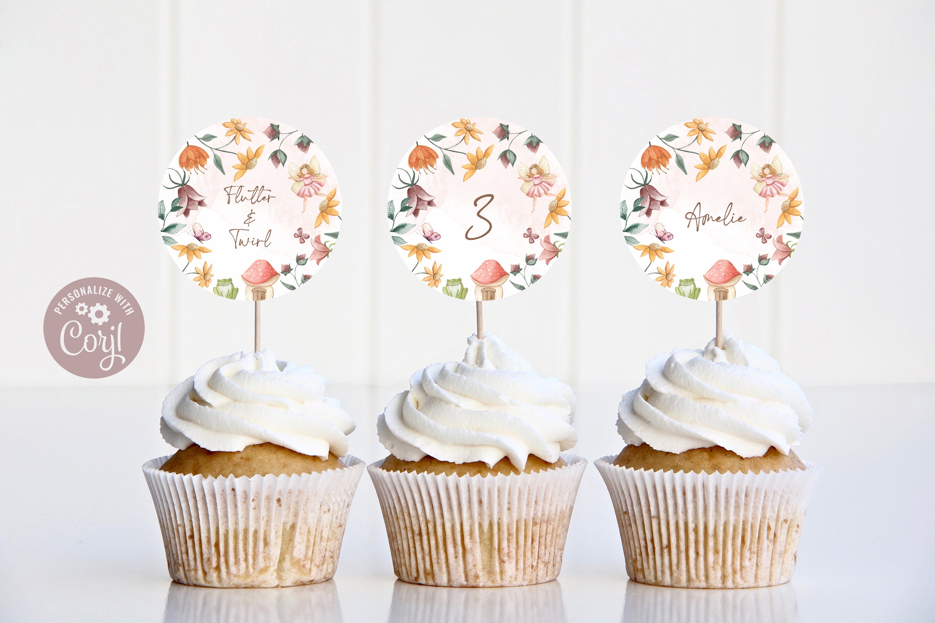 Editable Fairy Cupcake Toppers Floral Fairy Birthday Party Decorations Baby Shower Custom Cake Topper Cupcake Decor Digital