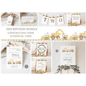 Construction 2nd Birthday Party Bundle: Yellow Trucks, Editable Decorations (Digital Download)