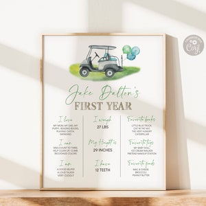 Znak Milestone na imprezę urodzinową w golfa, motyw Hole in One, edytowalny szablon znaku urodzinowego do wydrukowania w wersji cyfrowej