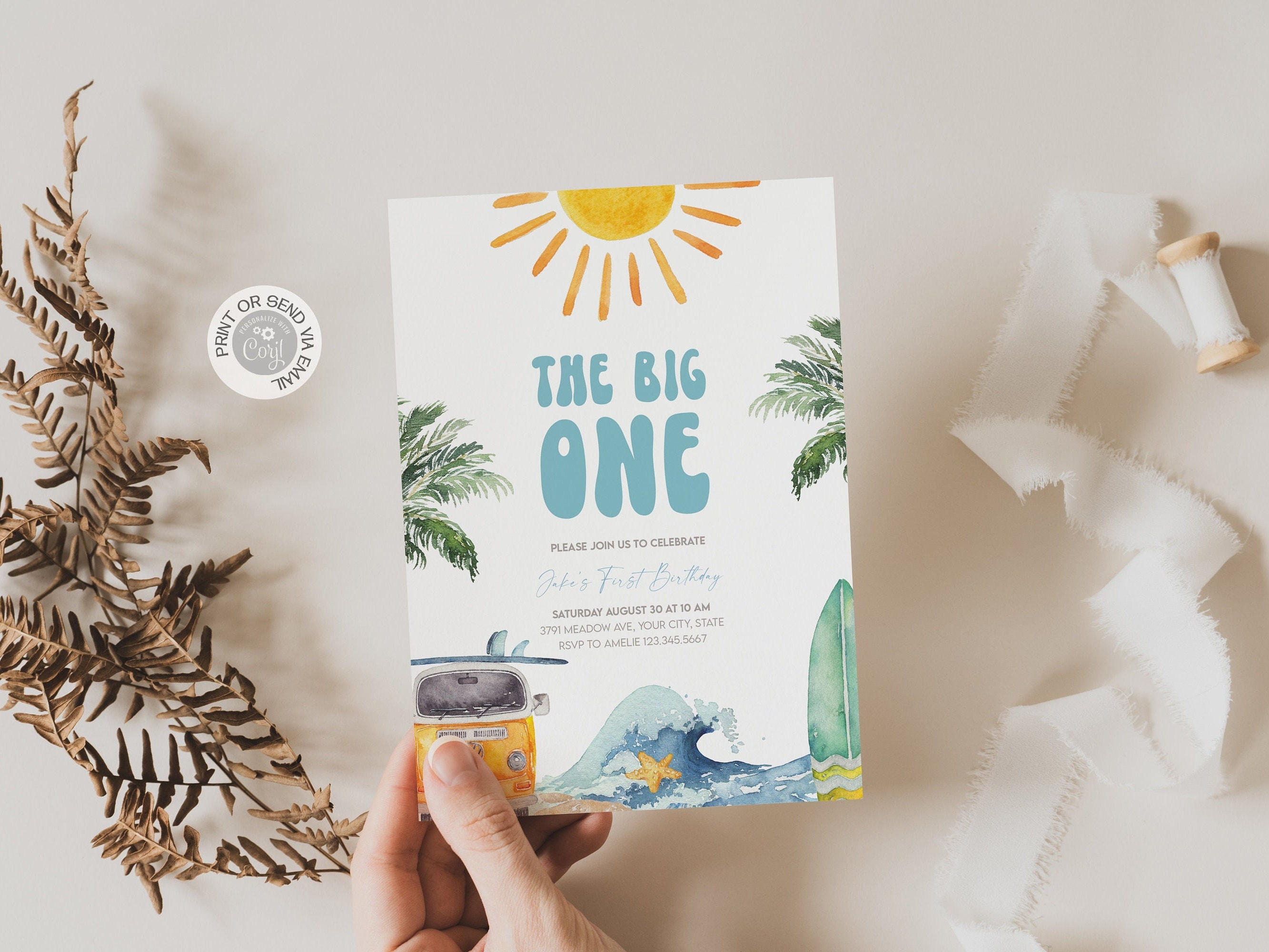 The BIG ONE Surfing 1st Birthday Party Invitation Editable Boho Van Sun Waves Surfboard Beach Party Invite Printable Digital