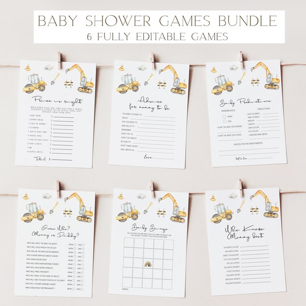 Construction Baby Shower Games Bundle, Editable Baby Under Construction Theme Baby Sprinkle Games,  Printable Template Digital Download