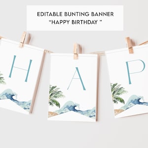 Editable Surf Birthday Bunting Banner, The Big One Happy Birthday Sign, Happy Birthday Bunting, Birthday Party Sign Template