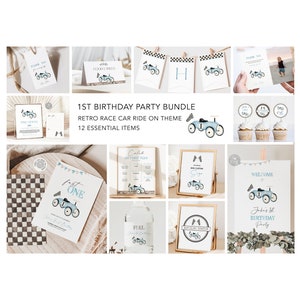 Blue Fast ONE Race Car Ride On Birthday Party Bundle | Editable Race Retro Car Birthday Invitation Templates | Printable Digital Download