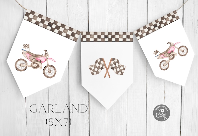 Editable Pink Dirt Bike Birthday Banner Happy Birthday Custom Garland Vintage Flags Two Fast Birthday Party Extras Birthday