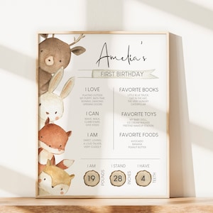 Segno modificabile della pietra miliare del compleanno degli animali del bosco, poster delle statistiche del primo compleanno, segno della festa del primo anno degli animali della foresta, download istantaneo S10