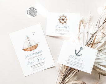 May include: Ahoy! It's a Boy! Nautical themed baby shower invitation with a watercolor illustration of a sailboat. The invitation includes the text "Ahoy! It's a Boy!" and the name "Andrew Wilson". The invitation also includes the date and time of the shower, as well as the address. There are also two additional cards with nautical themes: one with a ship's wheel and the text "Diaper Raffle" and another with an anchor and the text "Books for Baby".