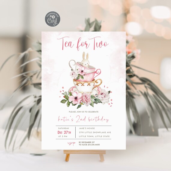 Editable Tea Cups Birthday Invitation Tea Cups and Bunny - Etsy