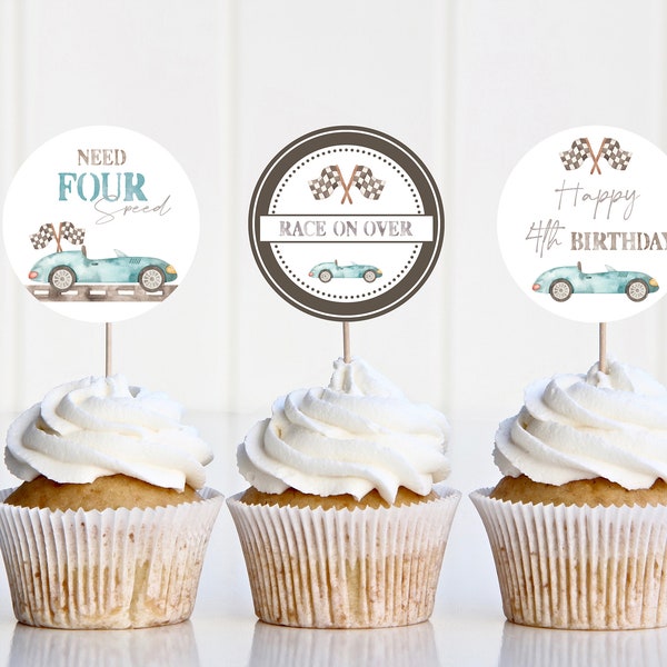 Ready to Print Race car Cupcake Toppers, 4th Birthday Party Decorations, Cup Cake Tops, Cupcake Food Decor, Digital download print