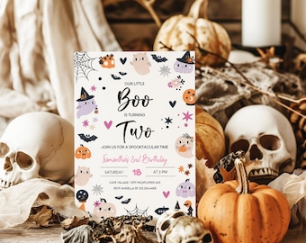 Pink Ghost Halloween 2nd Birthday Invitation: Little Boo (Digital Download)