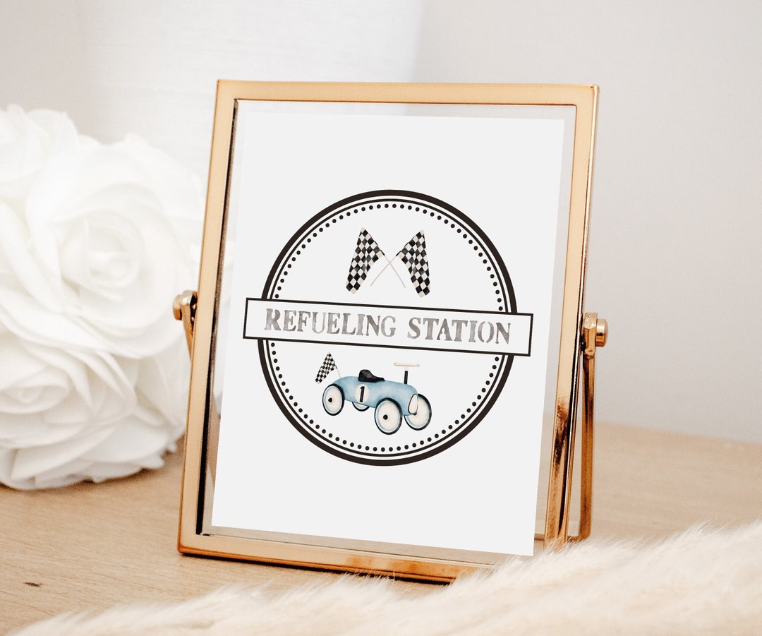 Printable Race Car Refueling Station Sign Blue Retro Race Car Ride on ...